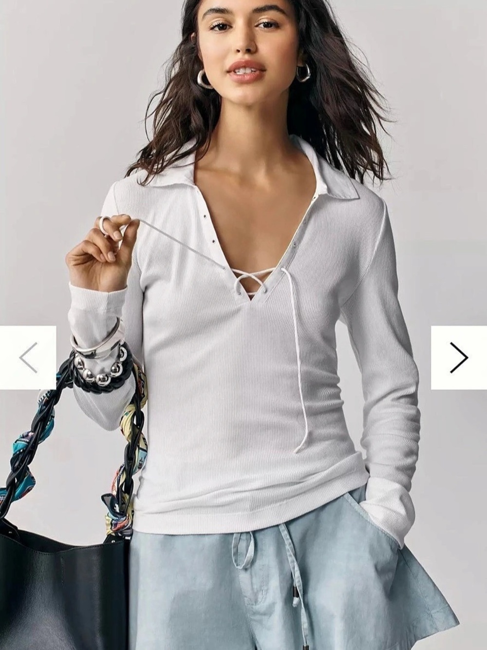 Maeve Ribbed Lace-Up Collared Top in White Size XS NWT
